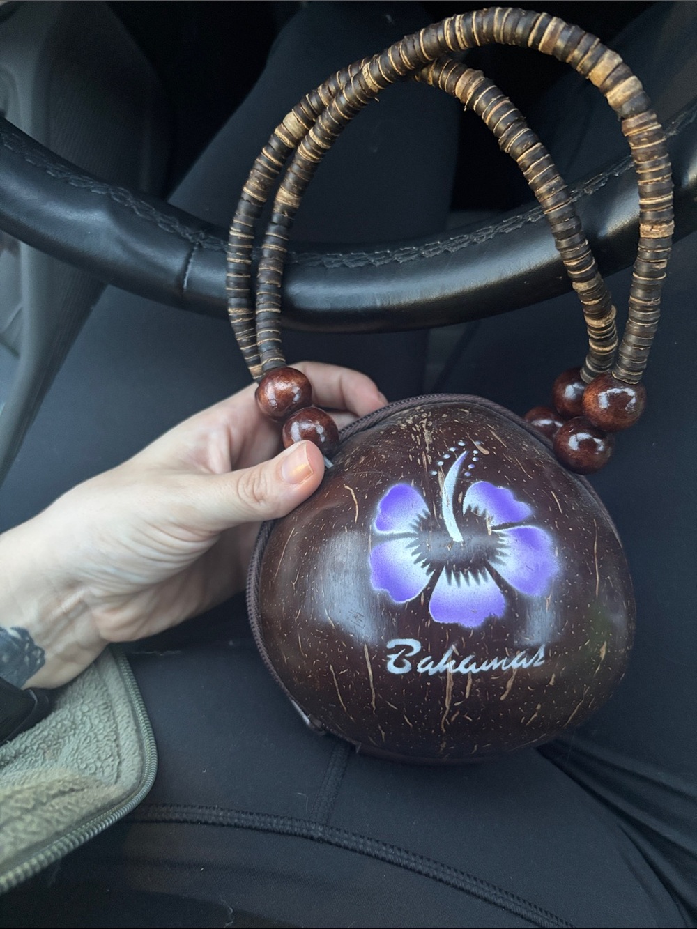 Bahamas Coconut Shell Mini Bag with Purple Floral Accent